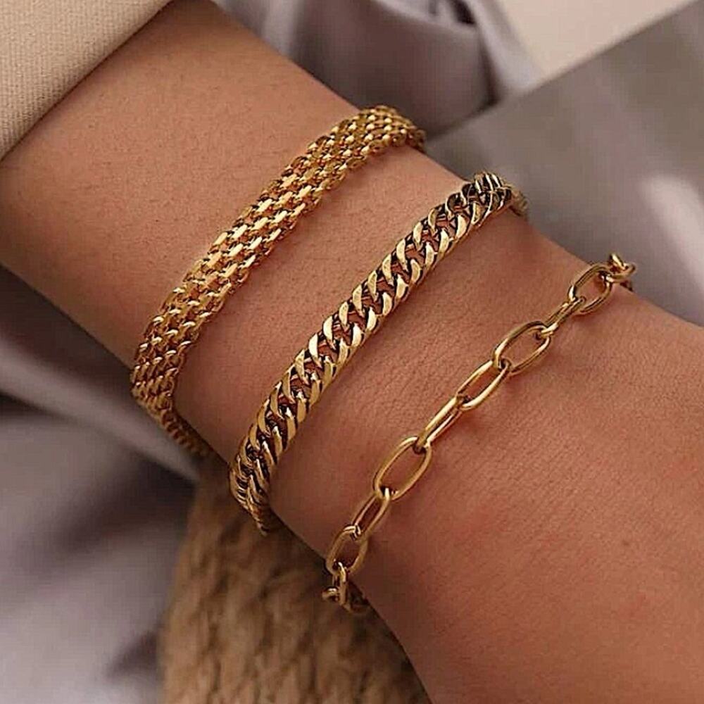 Gold 18K Minimalist Bracelet Set Three Piece